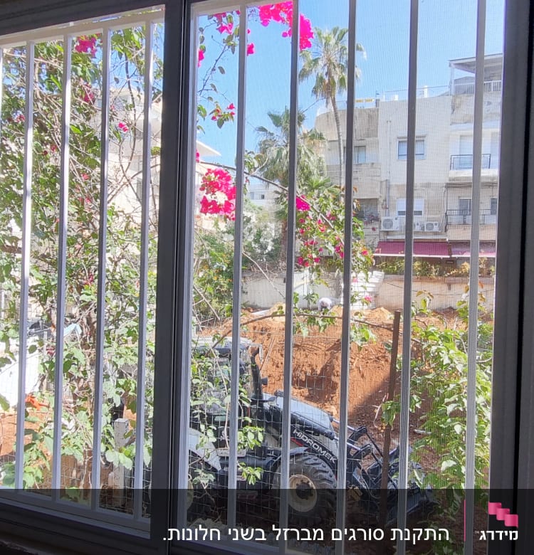 חלון עם סורגים לבנים וצמחייה בחוץ